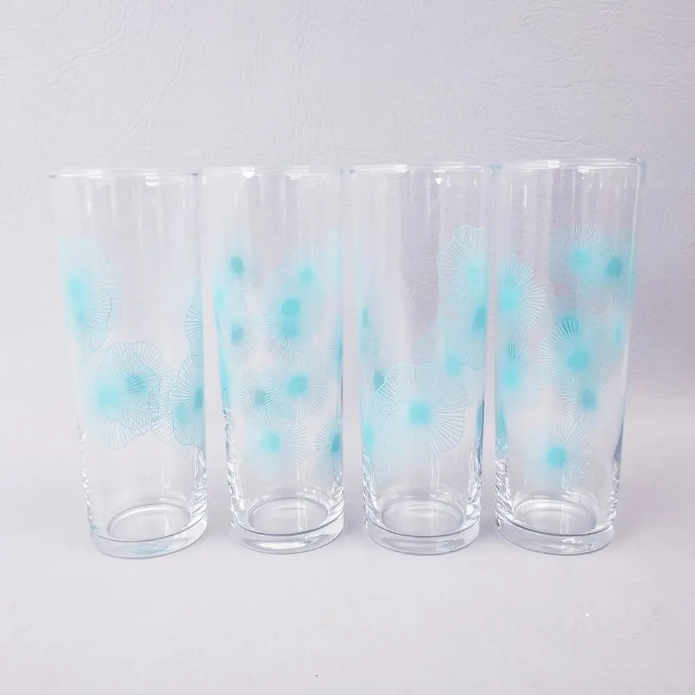 Vintage 1970 IKEA Atomic Sunburst Blue Aqua MCM Tom Collins Highball Set Of 4